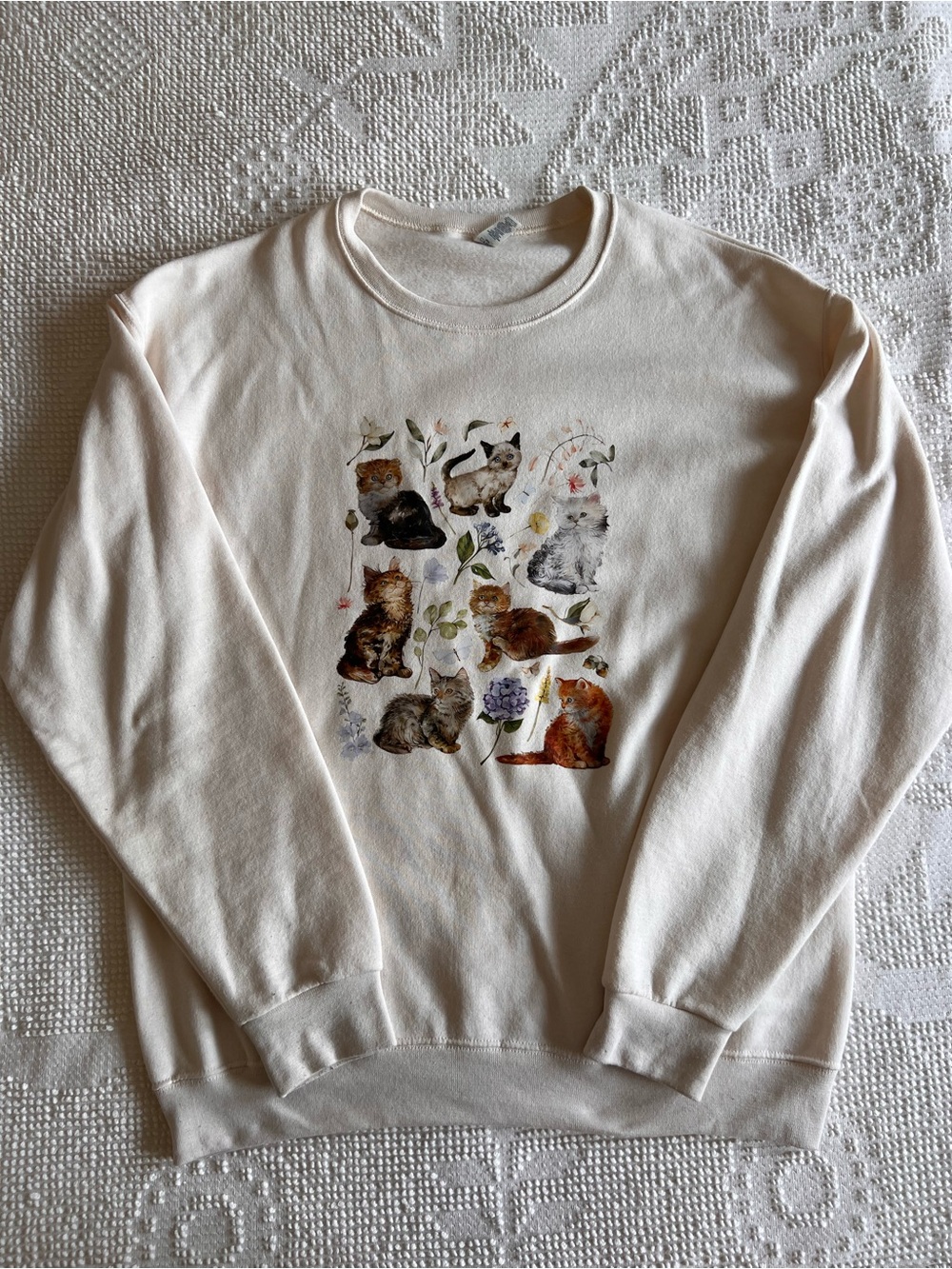 Jerzees Cream Sweatshirt with Multi-Color Cat Print